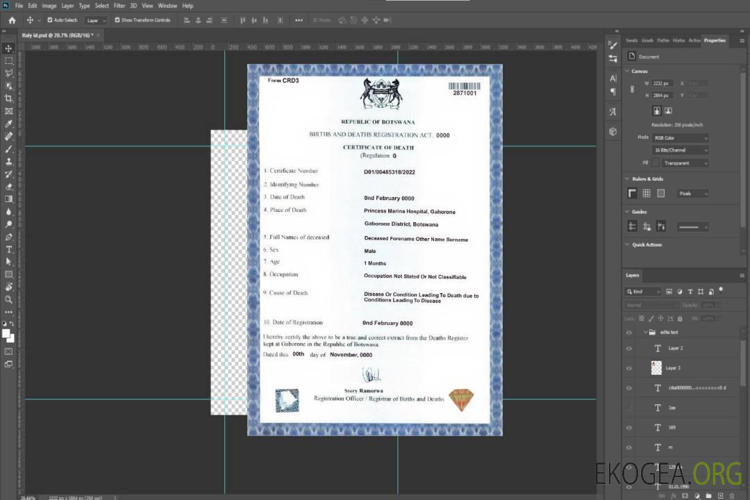 Modèle de certificat de décès du Botswana au format PSD template